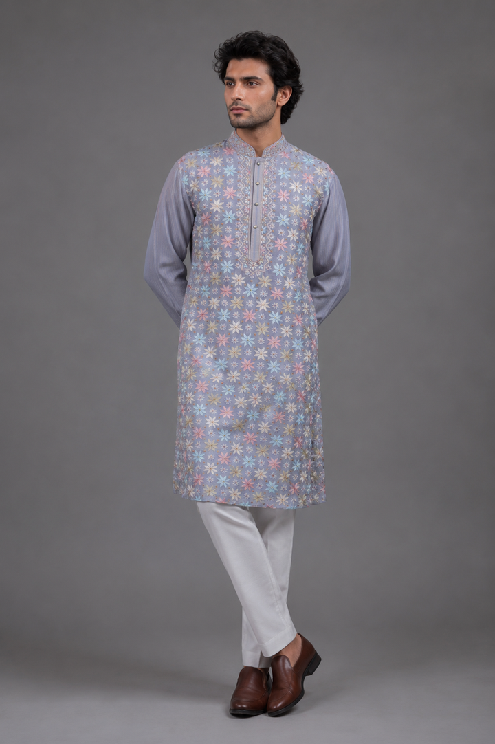 Grey Chanderi Kurta for Men | Aari Booti Embroidered Designer Kurta | Premium Wedding & Festive Wear