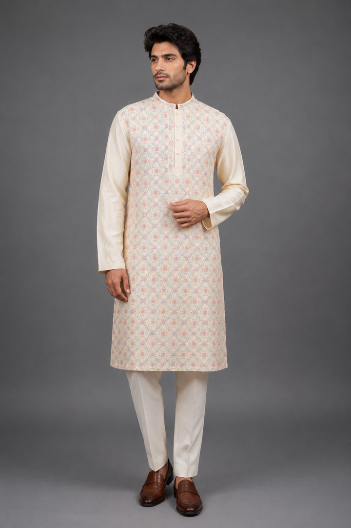 Cream Chanderi Kurta for Men | Machine Embroidered Designer Kurta | Premium Wedding & Festive Wear