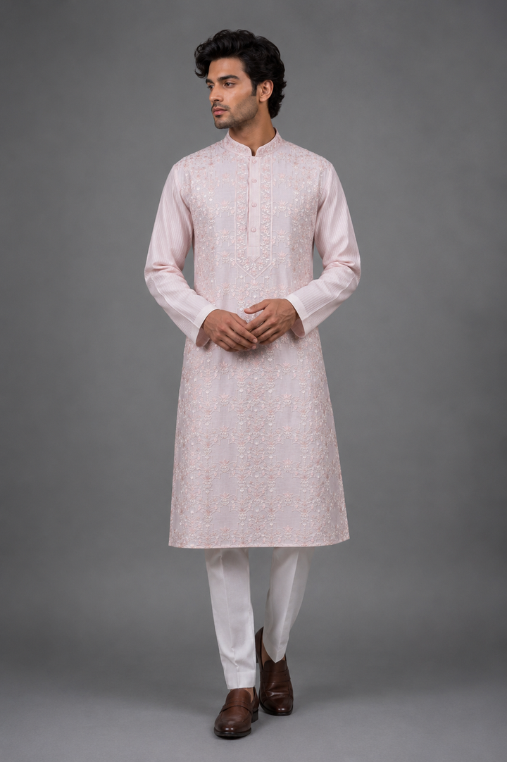 Pink Chanderi Kurta for Men | Aari Jaal Embroidered Designer Kurta | Luxury Wedding & Festive Wear
