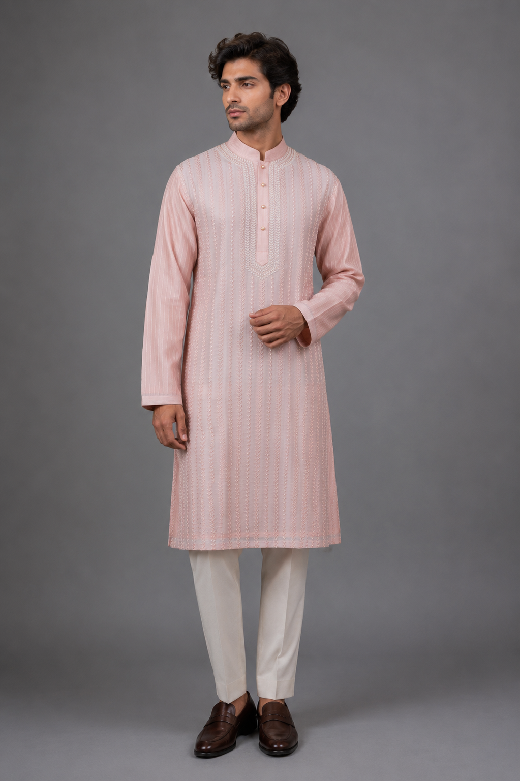 Pink Chanderi Kurta for Men | Aari & Hand Embroidered Designer Kurta | Luxury Wedding & Festive Wear
