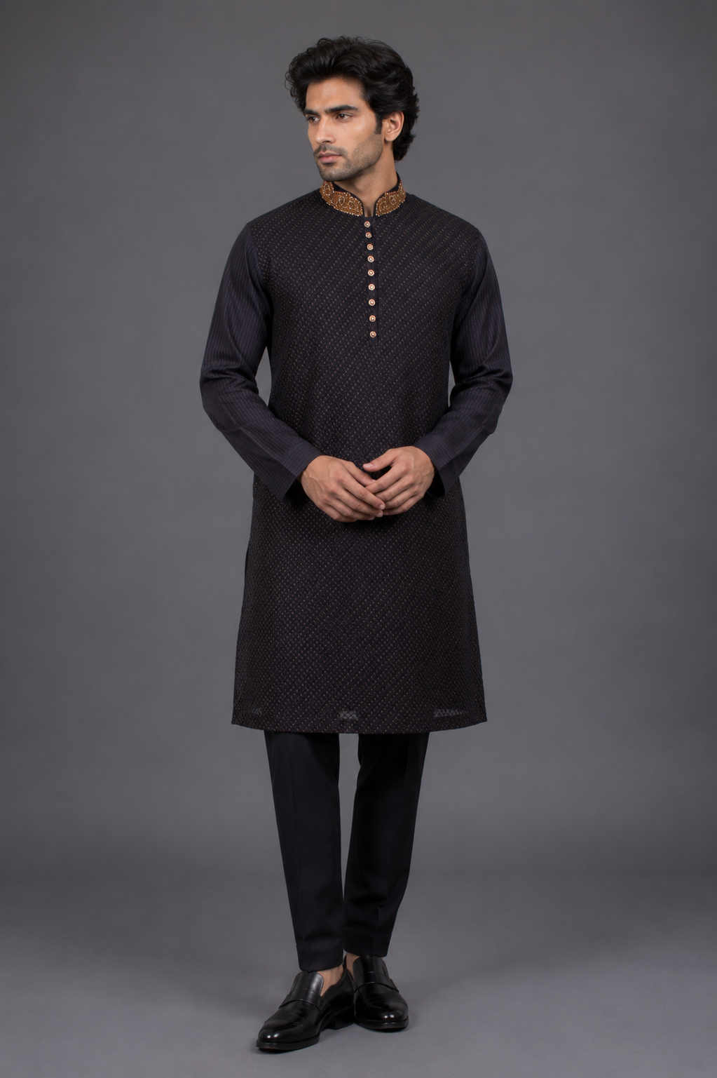 Black Cotton Silk Kurta for Men | Hand & Machine Embroidered Designer Kurta | Premium Wedding & Festive Wear