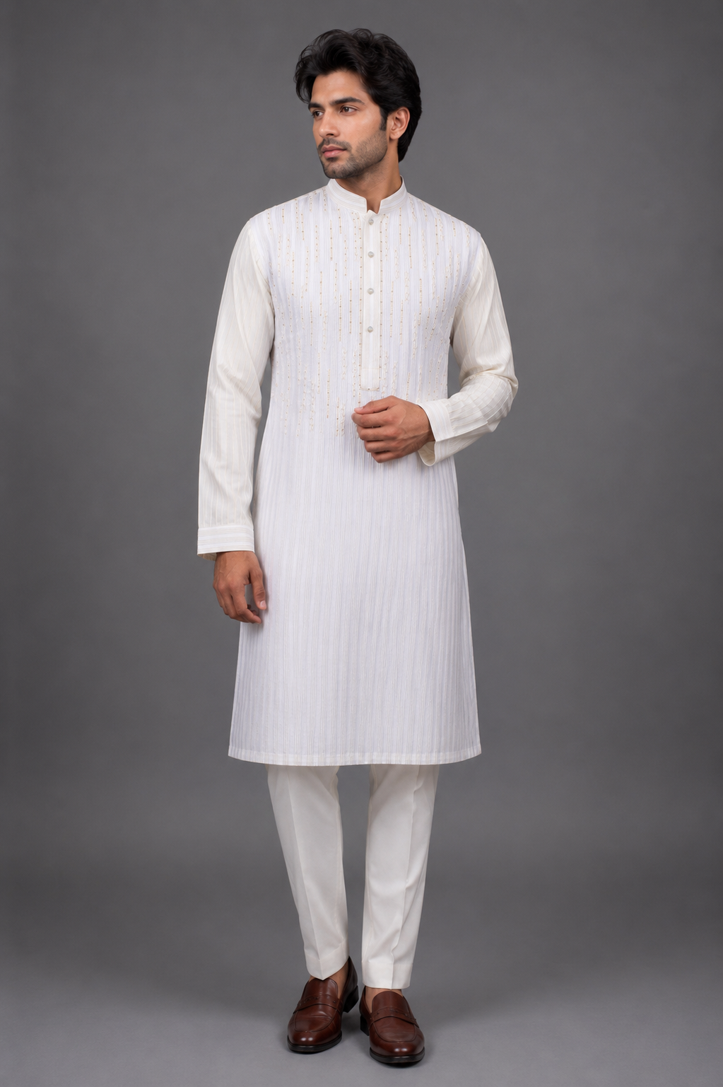 Off-White Cotton Silk Kurta for Men | Hand & Machine Embroidered Pintuck Designer Kurta | Premium Wedding & Festive Wear