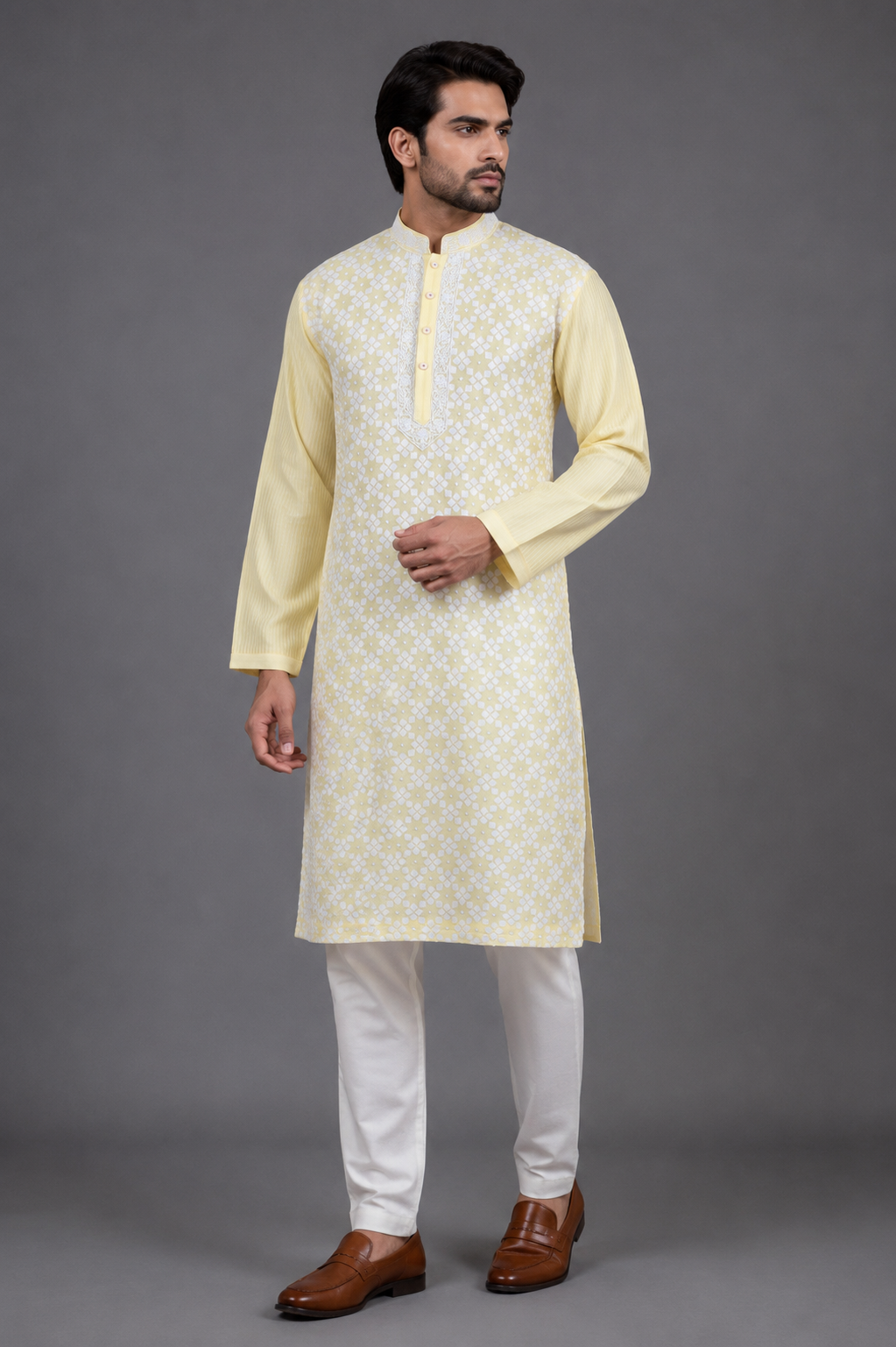 Light Yellow Chanderi Kurta for Men | Patch & Moti Work Designer Kurta | Premium Festive & Wedding Wear