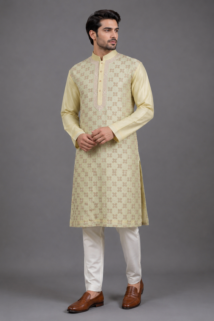 Lemon Yellow Chanderi Kurta for Men | Patch &amp; Moti Work Designer Kurta | Festive &amp; Wedding Wear