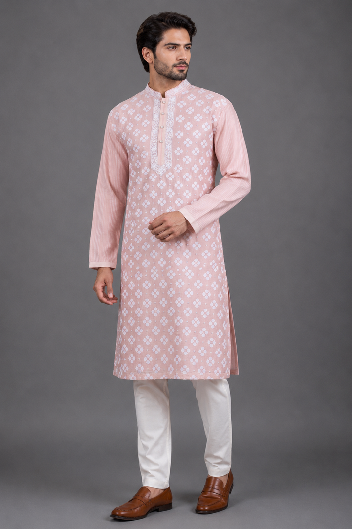 Pink Chanderi Kurta for Men | Patch &amp; Moti Work Designer Kurta | Premium Festive &amp; Wedding Wear