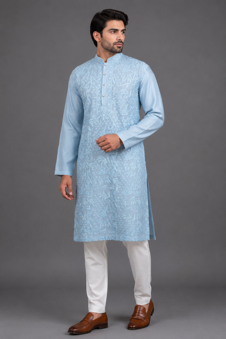 Sky Blue Chanderi Kurta for Men | Aari &amp; Hand Embroidered Designer Kurta | Premium Festive &amp; Wedding Wear