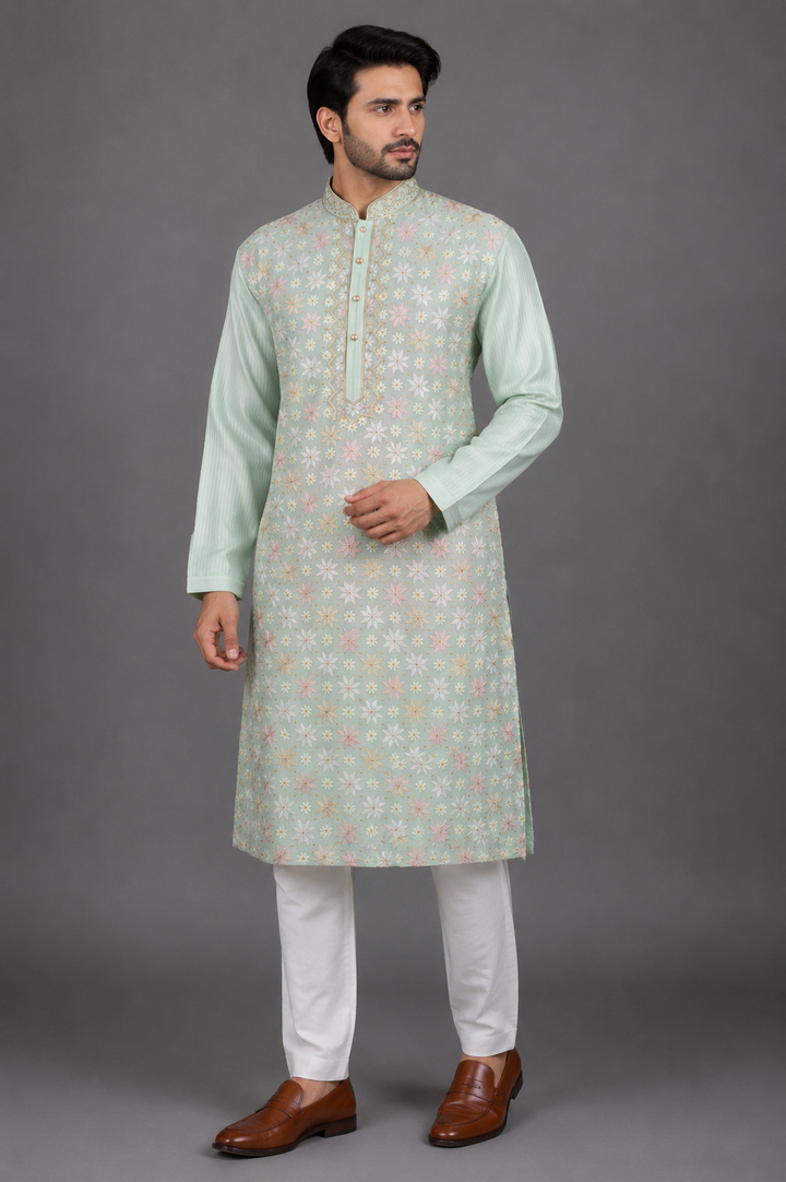 Mint Green Chanderi Kurta for Men | Aari Embroidered Designer Kurta | Luxury Festive &amp; Wedding Wear