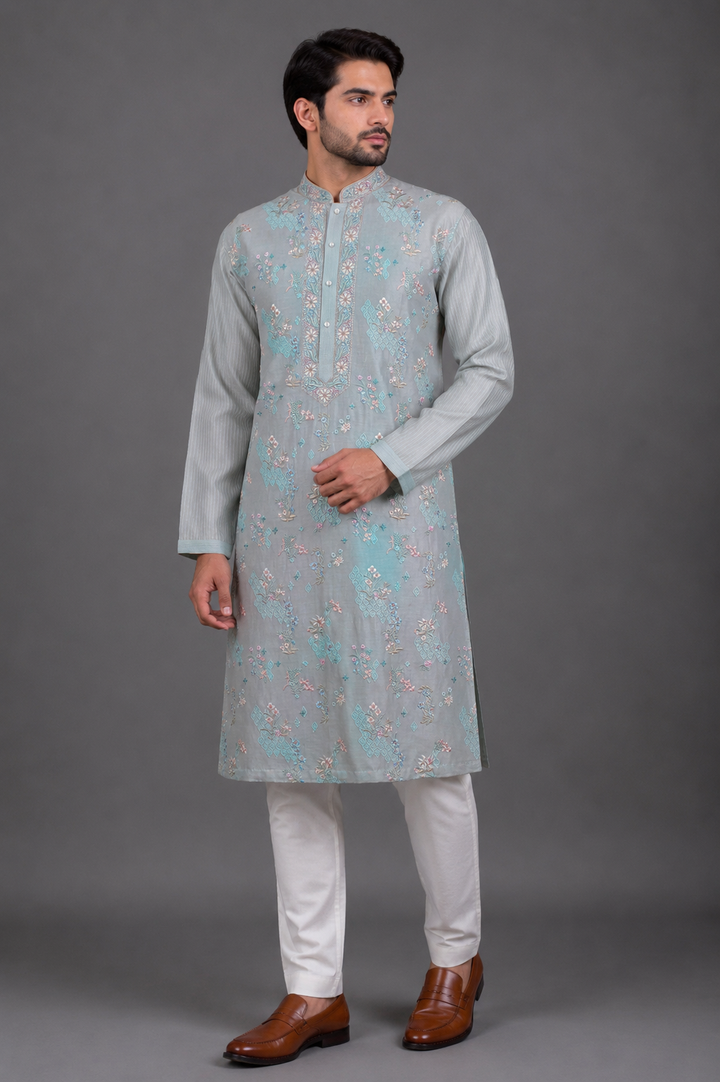 Aqua Chanderi Kurta for Men | Machine Embroidered Designer Kurta | Premium Festive &amp; Wedding Wear