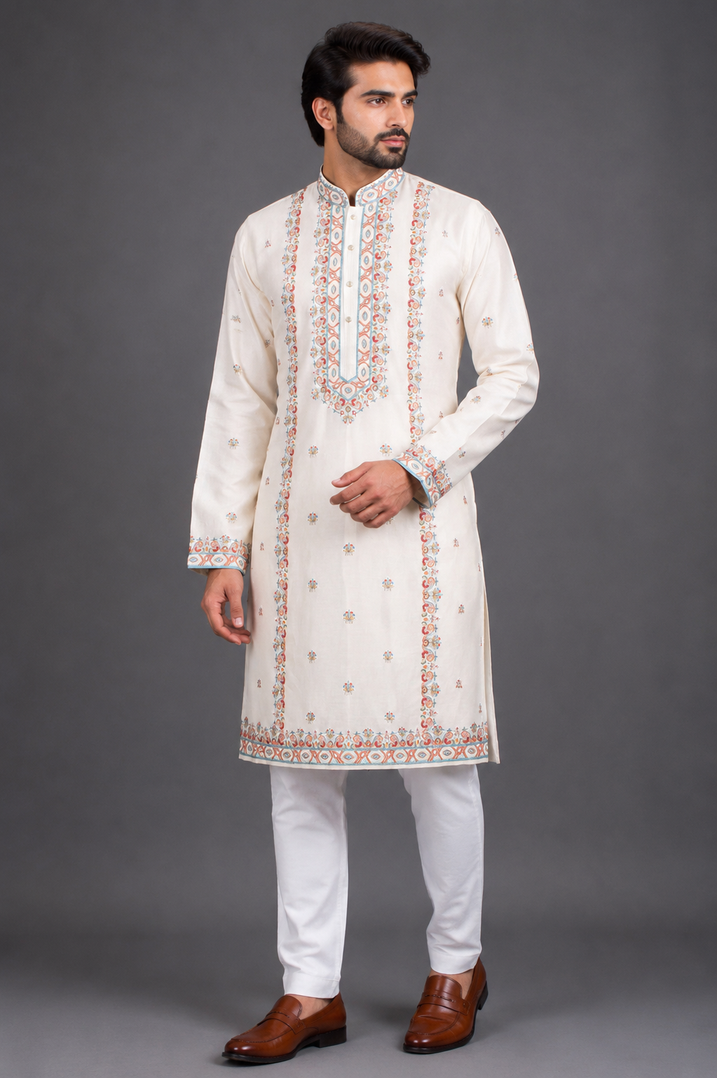 Off-White Chanderi Kurta for Men | Machine Embroidered Designer Kurta | Premium Festive &amp; Wedding Wear
