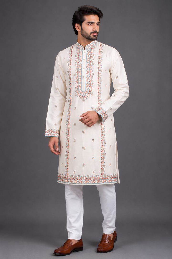 Off-White Chanderi Kurta for Men | Machine Embroidered Designer Kurta | Premium Festive &amp; Wedding Wear