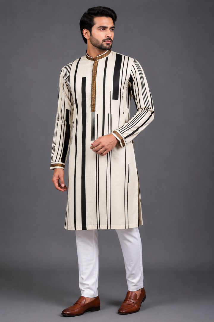 Off-White Silk Kurta for Men | Hand Embroidered &amp; Printed Designer Kurta | Luxury Festive &amp; Wedding Wear