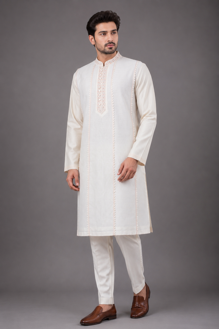 Off-White Chanderi Kurta for Men | Hand Embroidered Designer Kurta | Festive & Wedding Wear