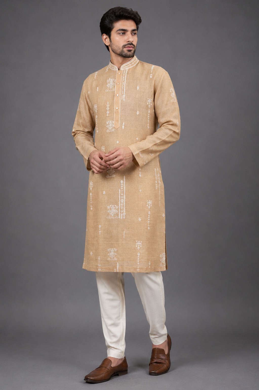 Beige Matka Silk Kurta for Men | Hand Embroidered Designer Kurta | Festive & Wedding Wear