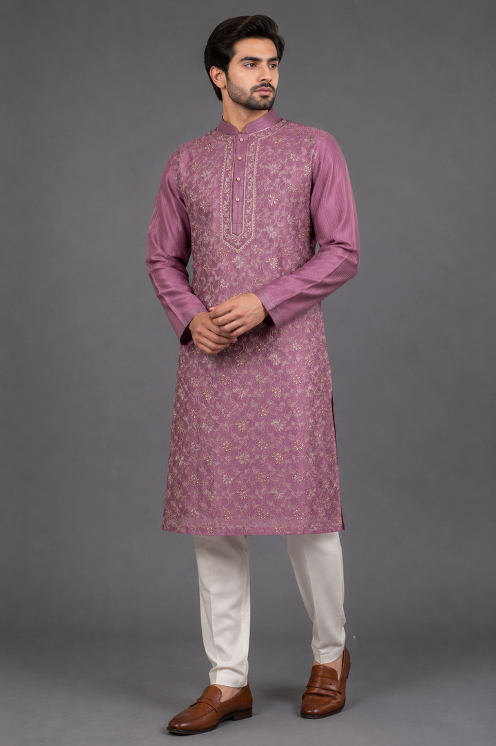 Onion Pink Chanderi Kurta for Men | Aari &amp; Hand Embroidered Designer Kurta | Festive &amp; Wedding Wear