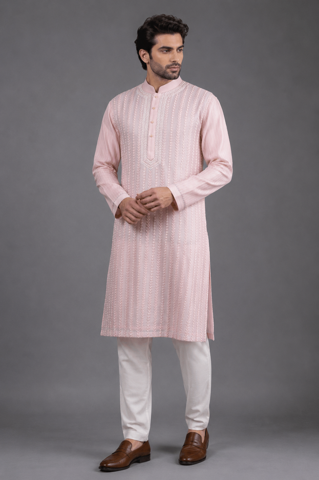 Pink Chanderi Kurta for Men | Aari &amp; Hand Embroidered Designer Kurta | Festive &amp; Wedding Wear