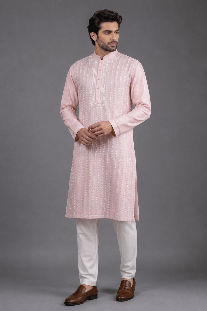 Pink Chanderi Kurta for Men | Aari &amp; Hand Embroidered Designer Kurta | Festive &amp; Wedding Wear