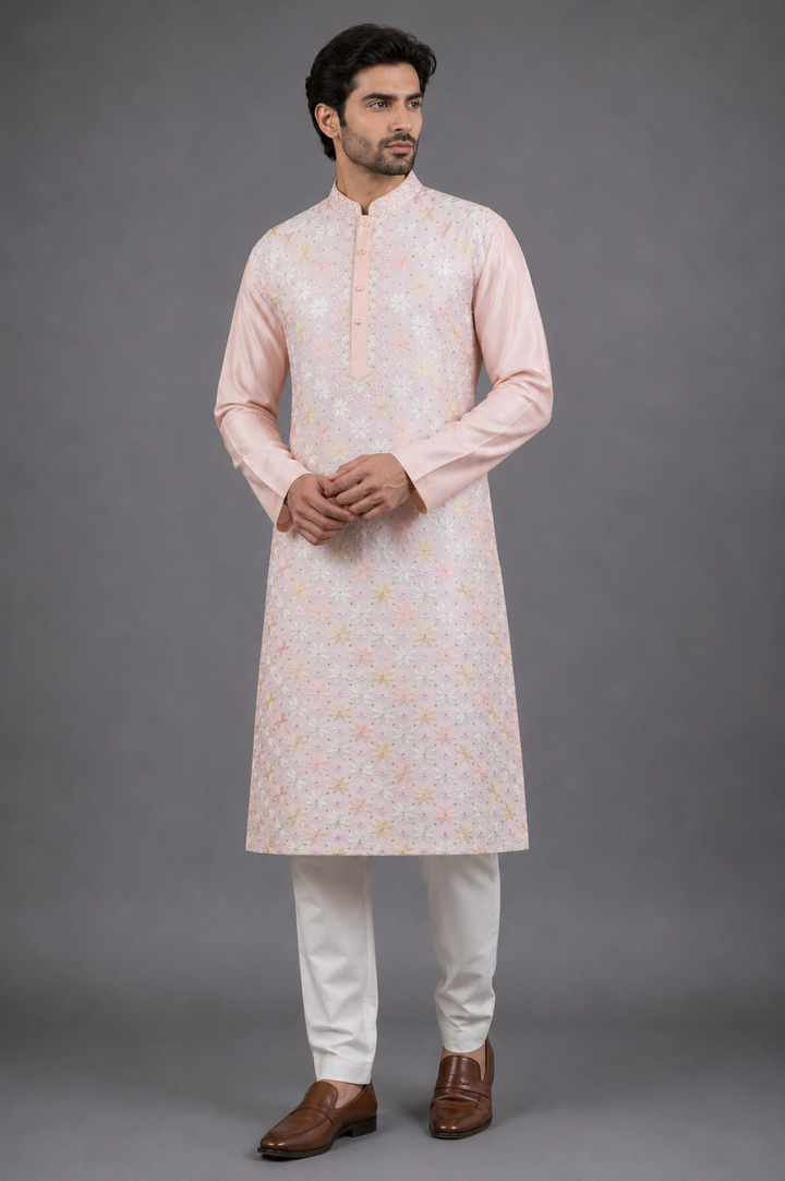 Pink Chanderi Kurta for Men | Aari Booti Embroidered Designer Kurta | Festive &amp; Wedding Wear