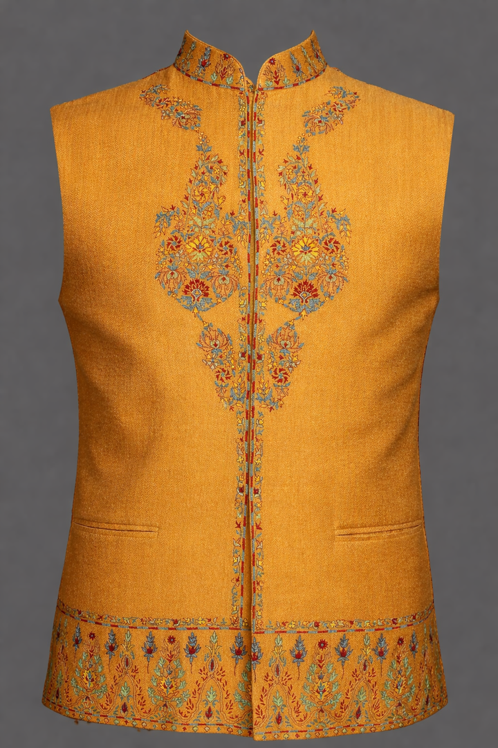 Men’s Yellow Moonga Pashmina Bundi with Kashmiri Embroidery