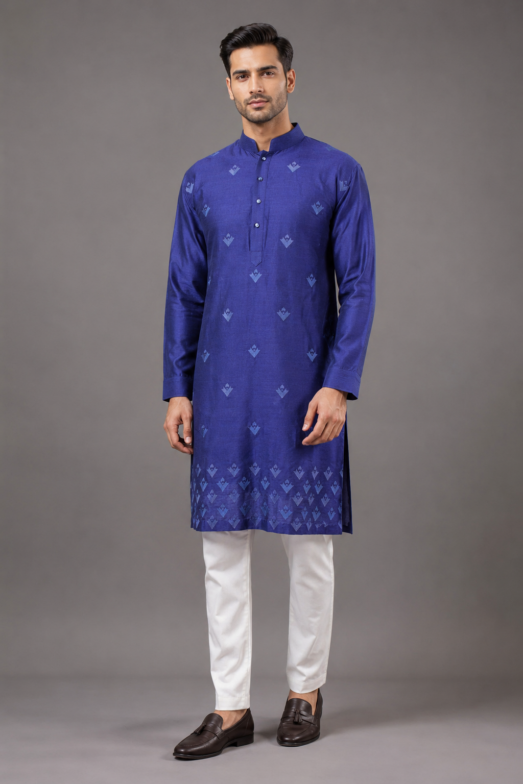 Navy Blue Silk Bandhgala Set for Men | Embroidered Designer Bandhgala with Kurta & Pant | Wedding & Festive Wear