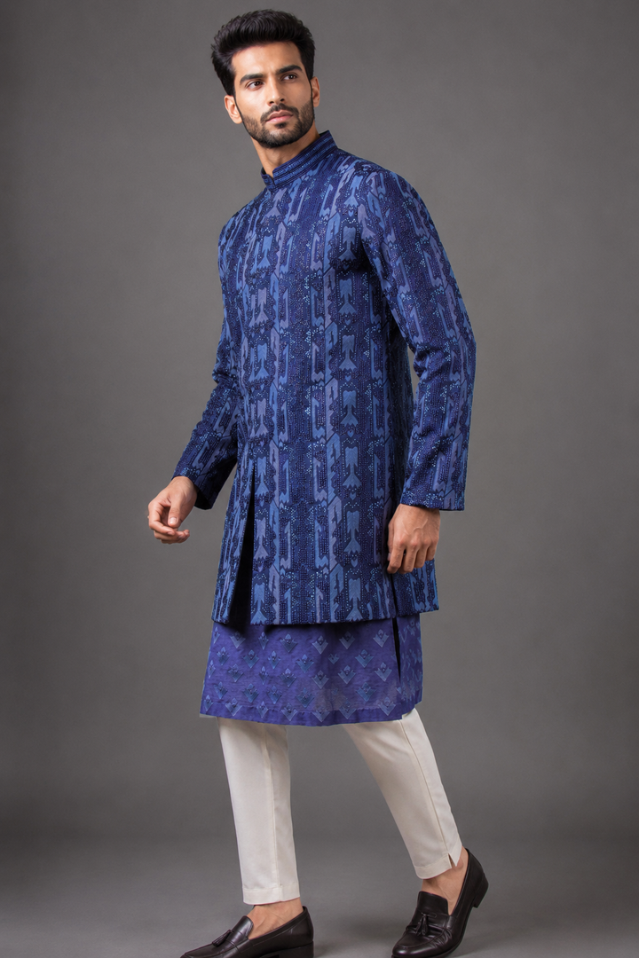 Navy Blue Silk Bandhgala Set for Men | Embroidered Designer Bandhgala with Kurta & Pant | Wedding & Festive Wear