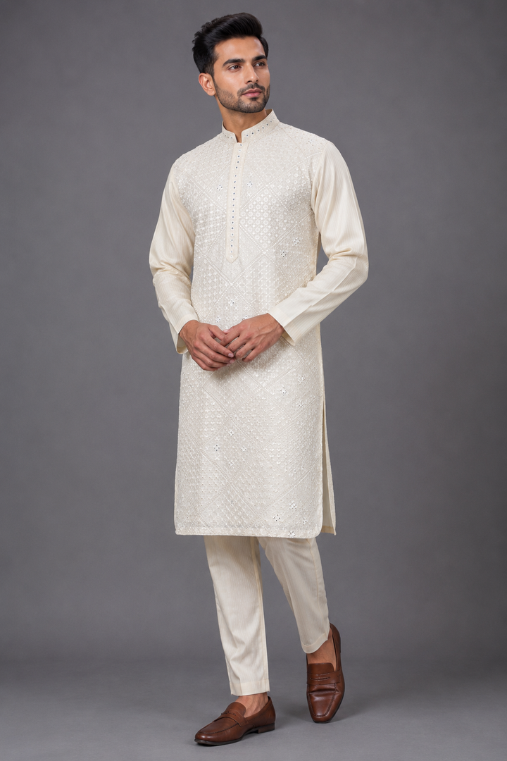 Cream Embroidered Kurta Set for Men | Mirror Work Ethnic Kurta with Churidar | Festive & Wedding Wear