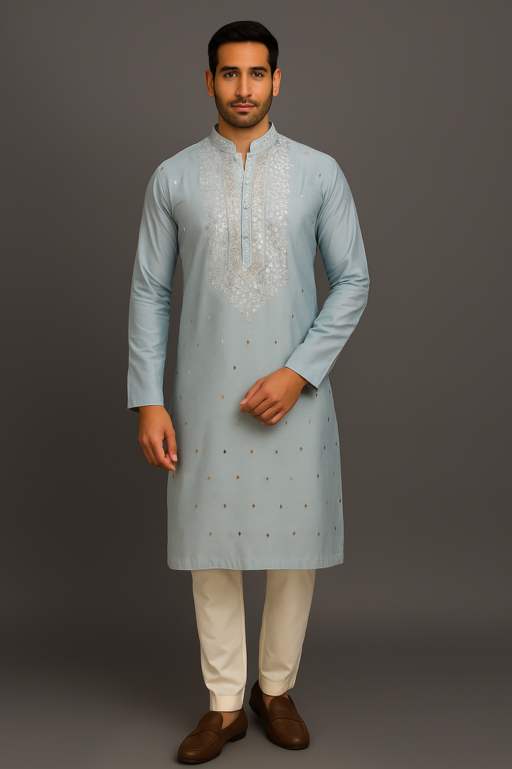 Sky Blue Silk Kurta Set with Leather Patch Booti & Machine Embroidery