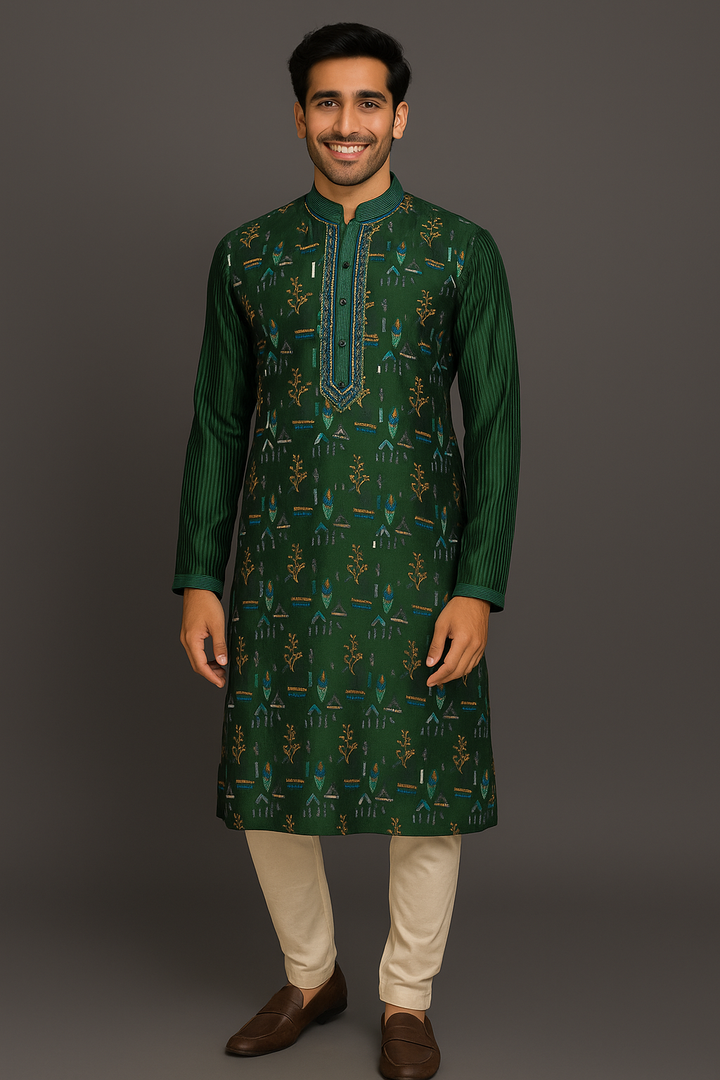 Green Chanderi Kurta Set with Mirror Work & Machine Embroidery