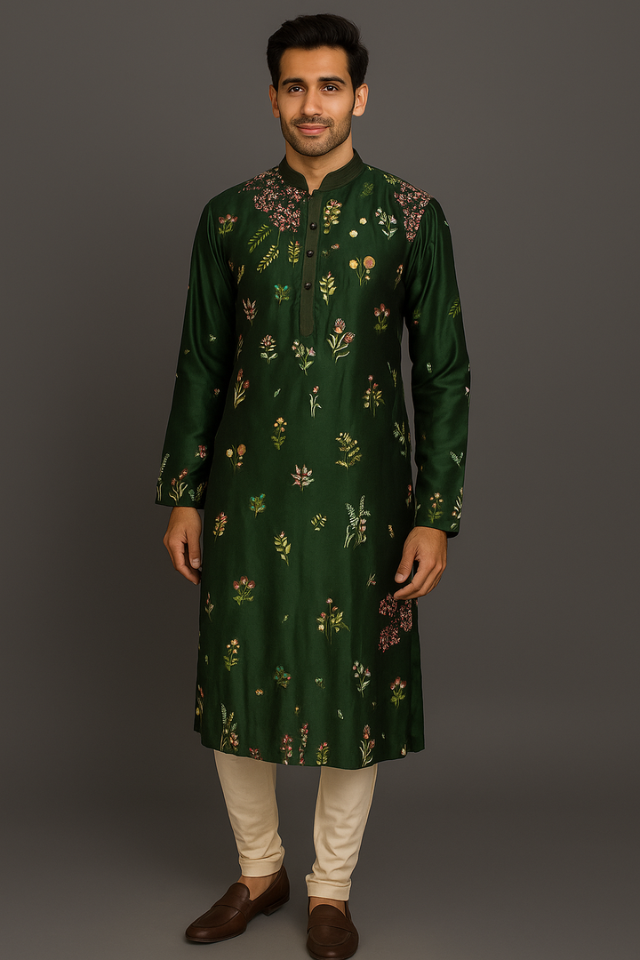 Bottle Green Chanderi Kurta Set with All-Over Floral Booti Embroidery