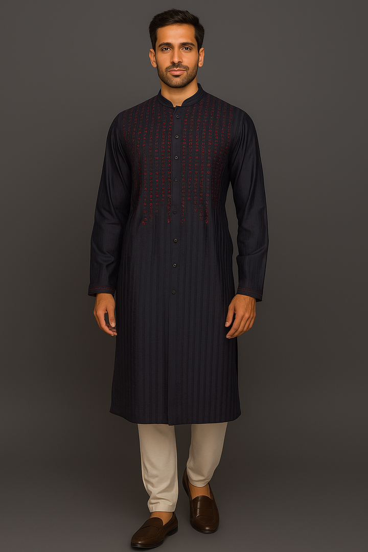 Navy Blue Cotton Silk Kurta Set with Pintucks & Machine Embroidery