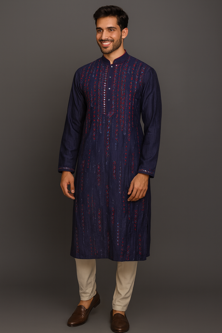 Navy Blue Chanderi Kurta Set with Mirror Work & Embroidery