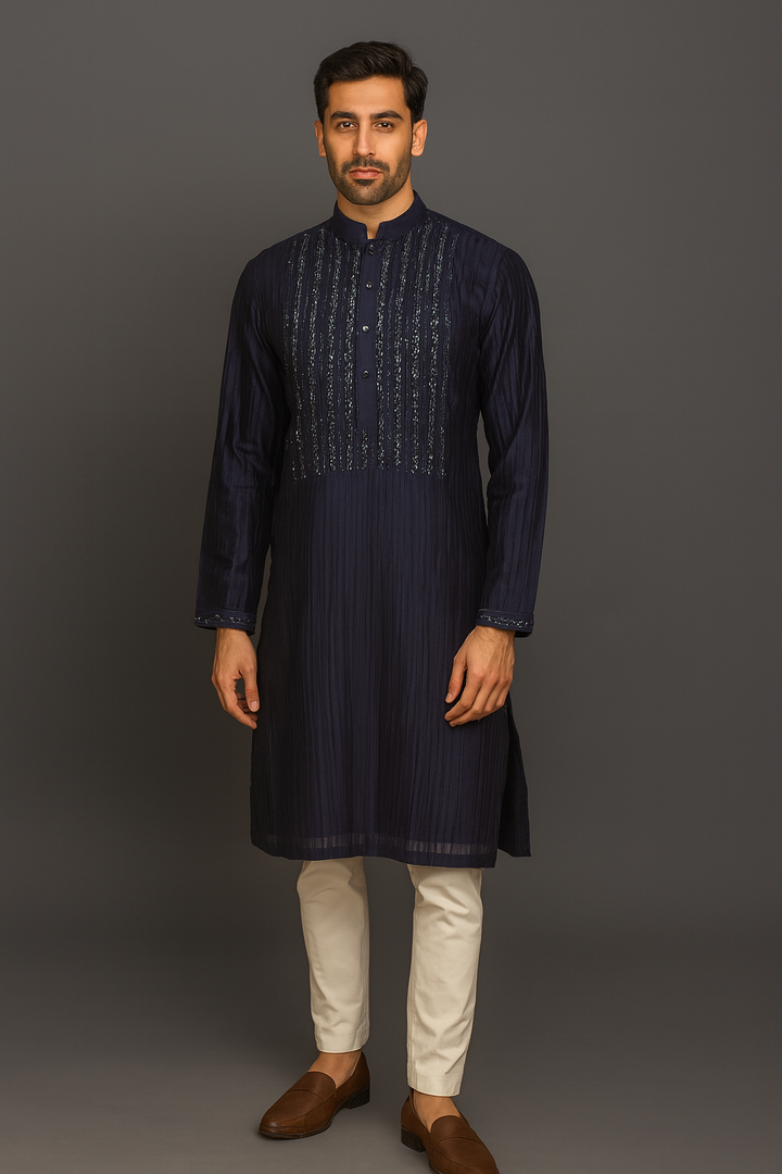 Navy Blue Chanderi Kurta Set with Pintucks & Hand Embroidery