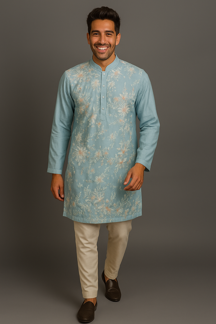 Sky Blue Chanderi Kurta Set with Aari & Machine Embroidery