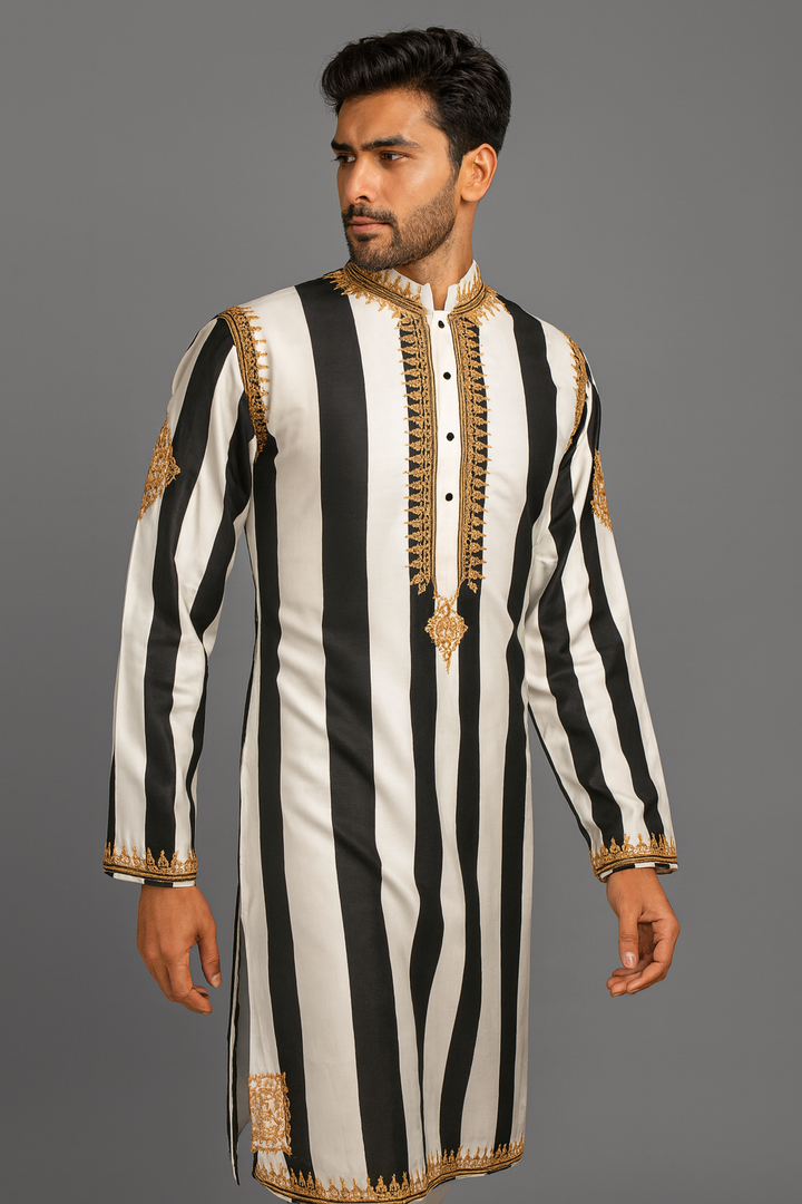 Black & White Printed Silk Kurta Set with Hand & Dori Embroidery