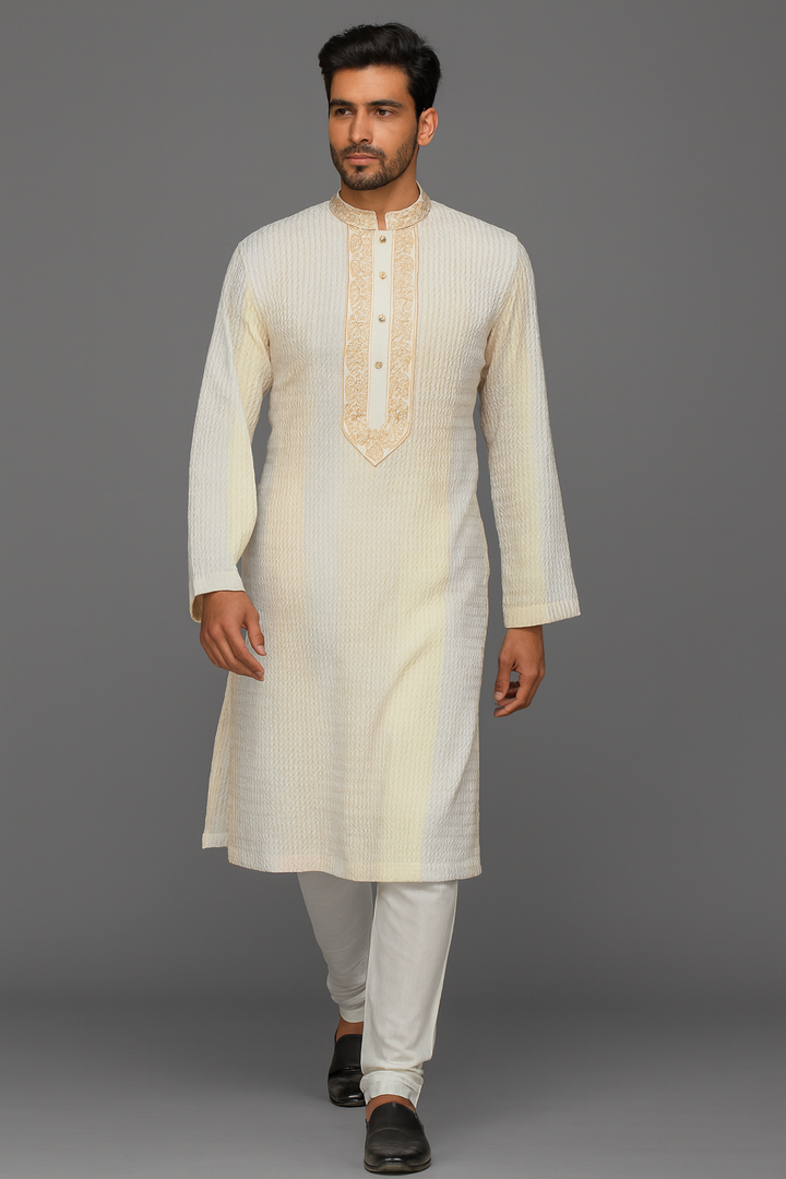 Cream Cotton-Silk Kurta Set with Hand & Machine Embroidery
