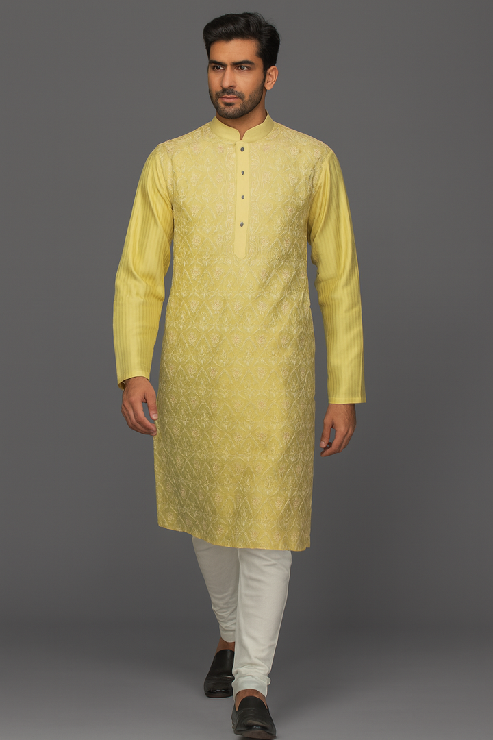 Lemon Yellow Chanderi Kurta Set with Aari & Hand Embroidery