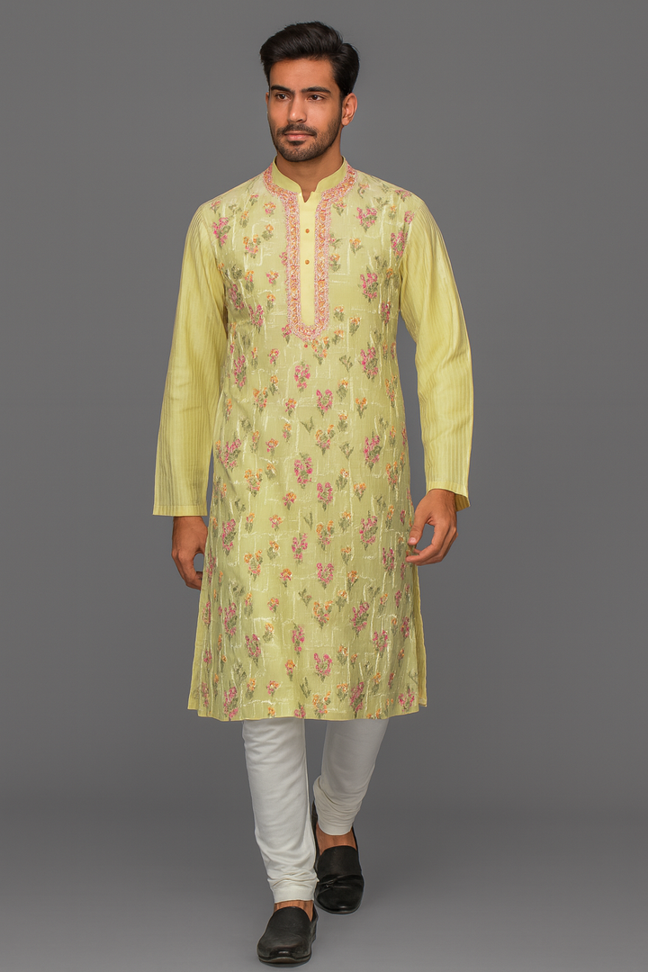 Yellow Chanderi Kurta Set with All-Over Booti Embroidery