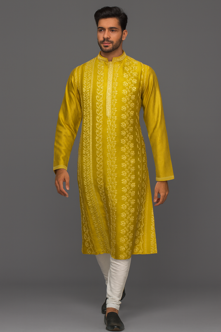 Mehendi Green Chanderi Kurta Set with Machine Embroidery & Mirror Work