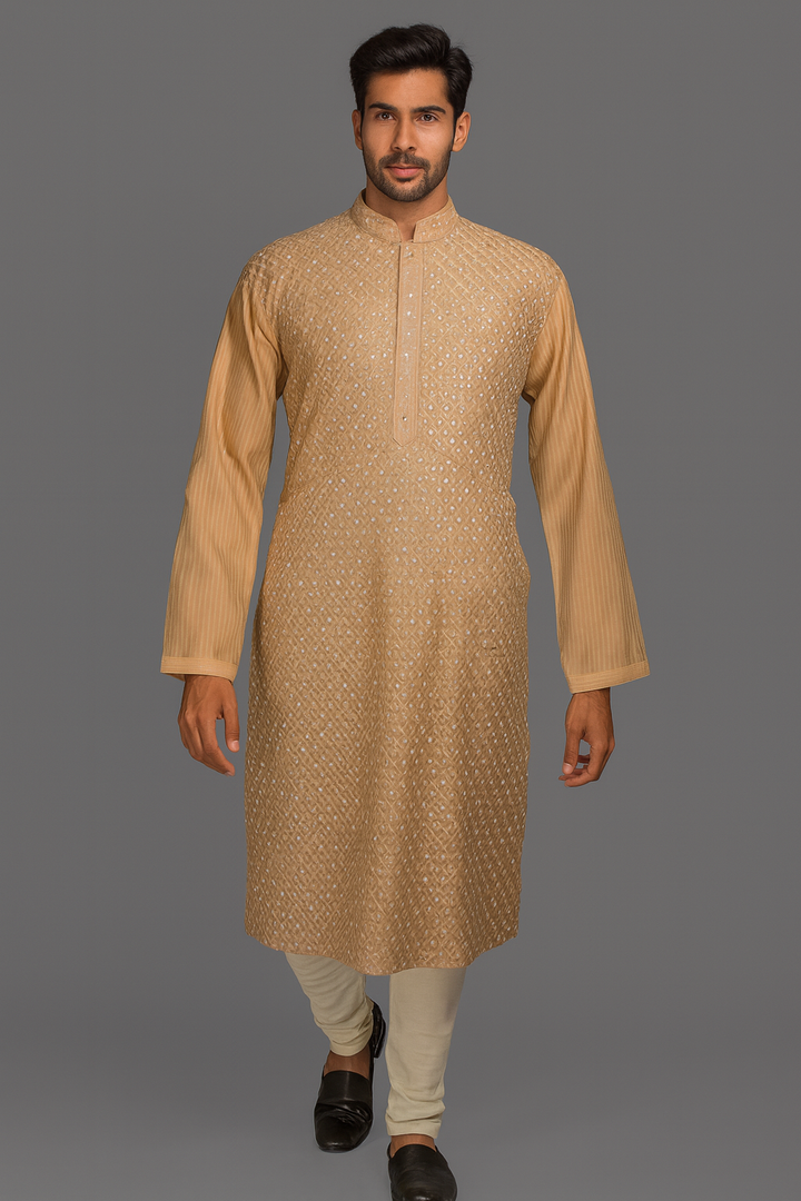 Peach Chanderi Kurta Set with Machine & Mirror Embroidery