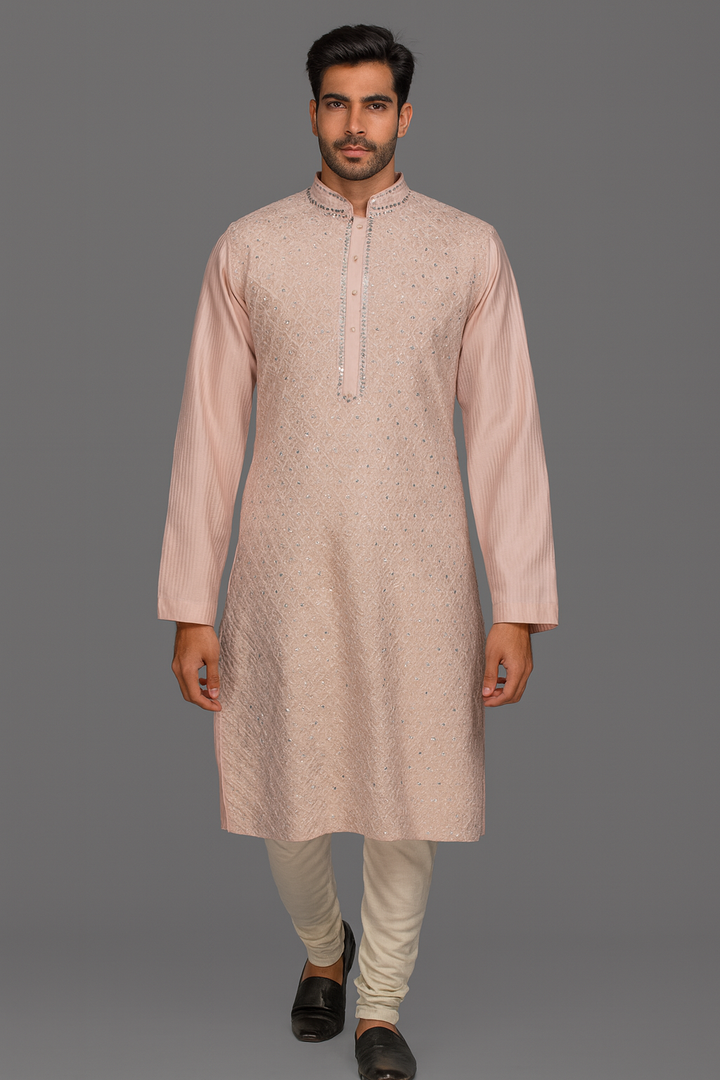 Pink Chanderi Kurta Set with Machine & Mirror Embroidery