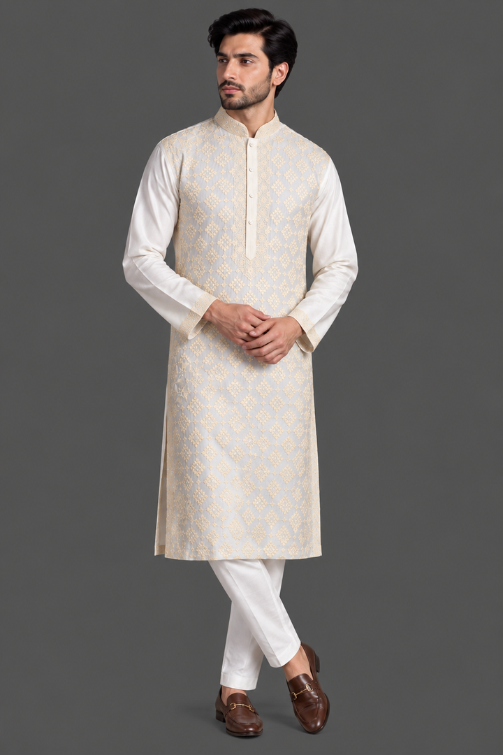 Off-White Chanderi Kurta for Men | Jaal Embroidered Designer Kurta | Luxury Wedding & Festive Wear