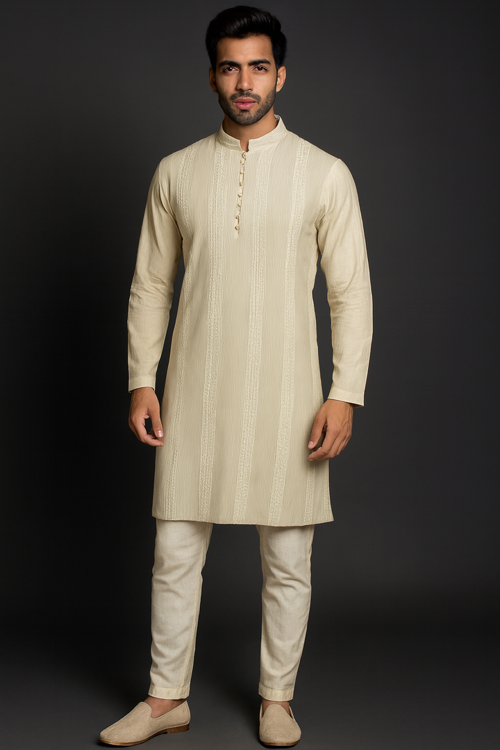Beige Moonga Silk Kurta Set with Pintuck Detailing & Embroidery