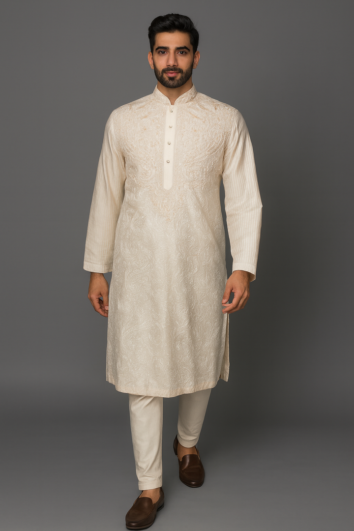 Beige Chanderi Kurta Set with Hand & Machine Embroidery