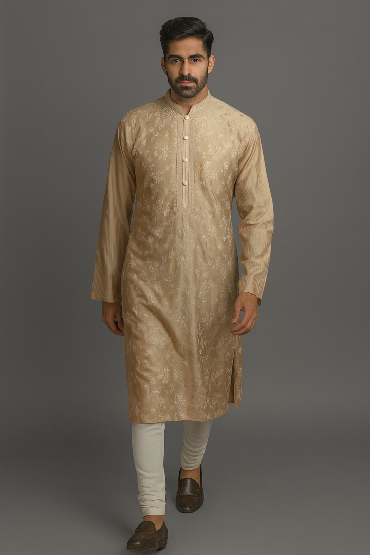 Beige Chanderi Kurta Set with Aari & Hand Embroidery