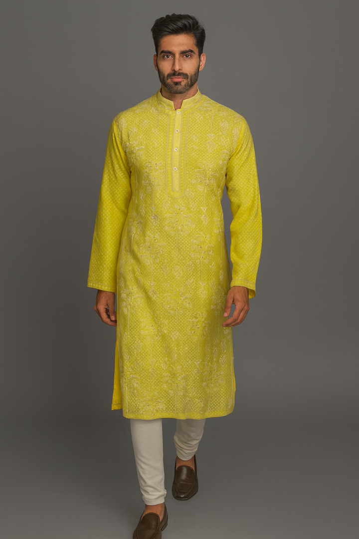 Lemon Yellow Banarasi Silk Kurta Set with Aari, Hand & Bead Work Embroidery