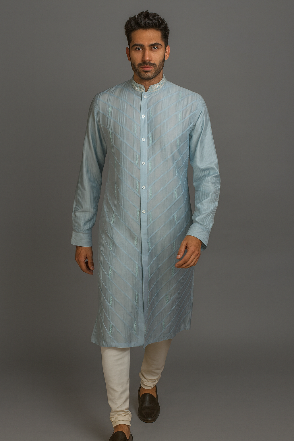 Sky Blue Chanderi Kurta Set with Pintucks & Hand Embroidery