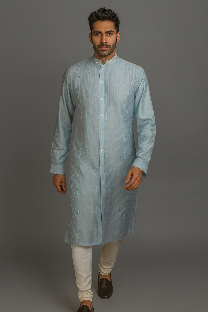 Sky Blue Chanderi Kurta Set with Pintucks & Hand Embroidery