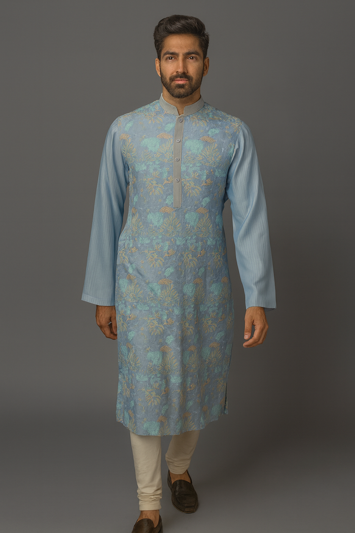 Sky Blue Chanderi Kurta Set with Aari Jaal Embroidery