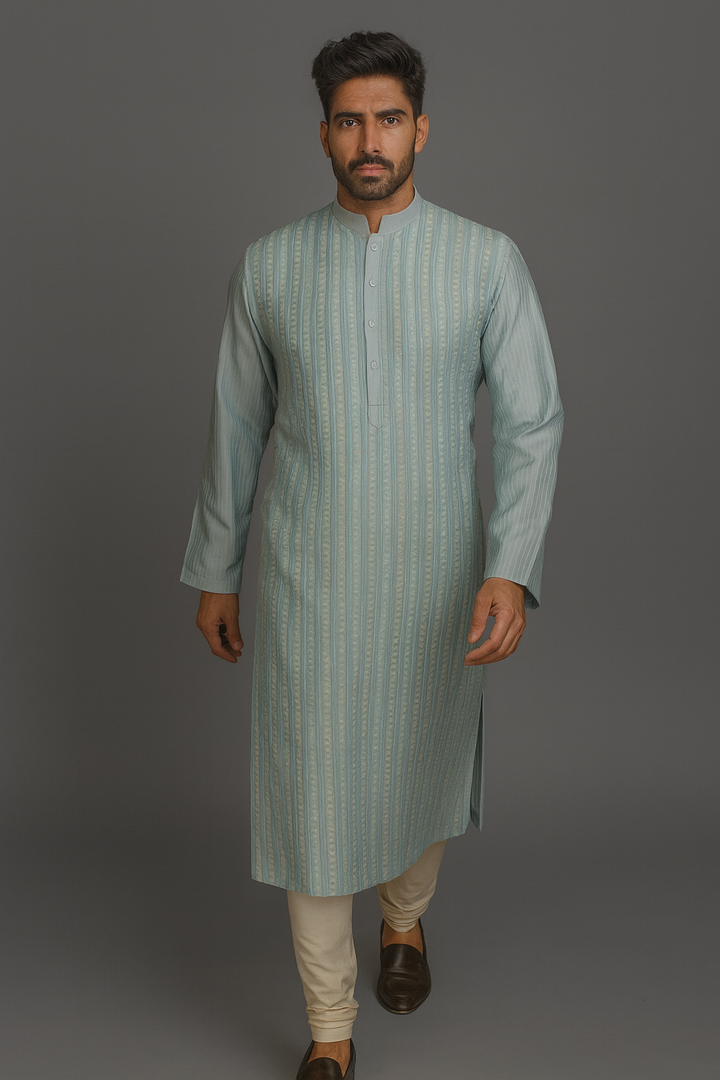 Sky Blue Chanderi Kurta Set with Aari Embroidery & Pintucks