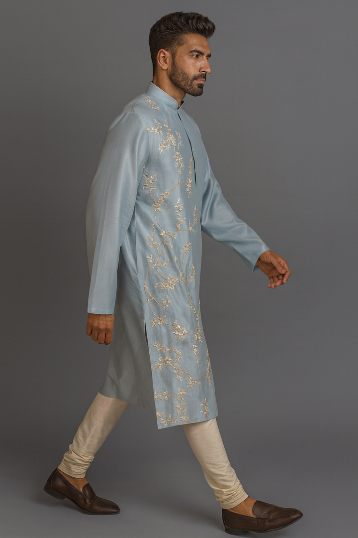 Sky Blue Kurta Set with Machine & Hand Embroidery