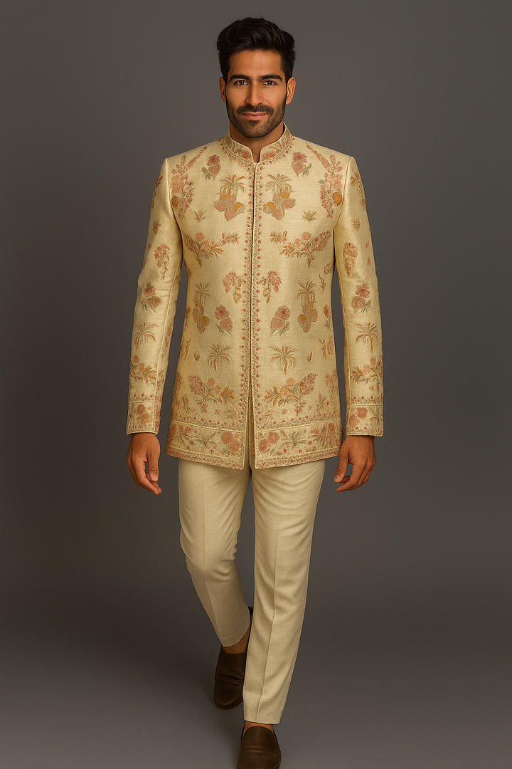 Cream Raw Silk Bandhgala Set with Hand & Machine Embroidery